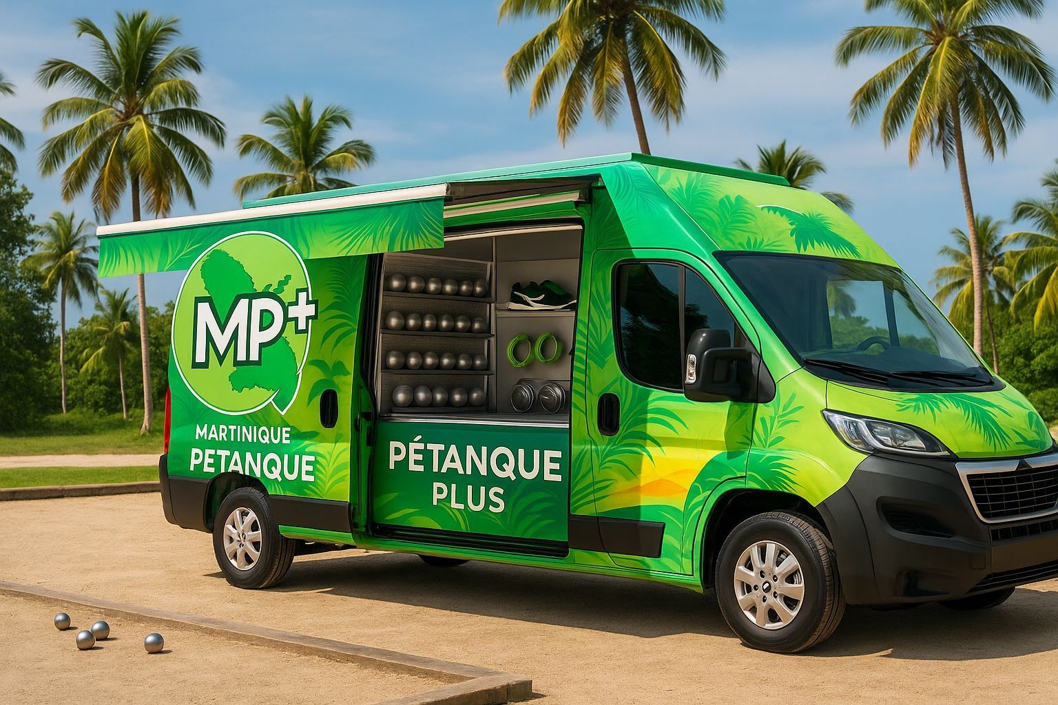 Le camion vert MP+ Martinique Pétanque, porte latérale ouverte sur des étagères de boules, garé au bord d'un terrain sous les cocotiers